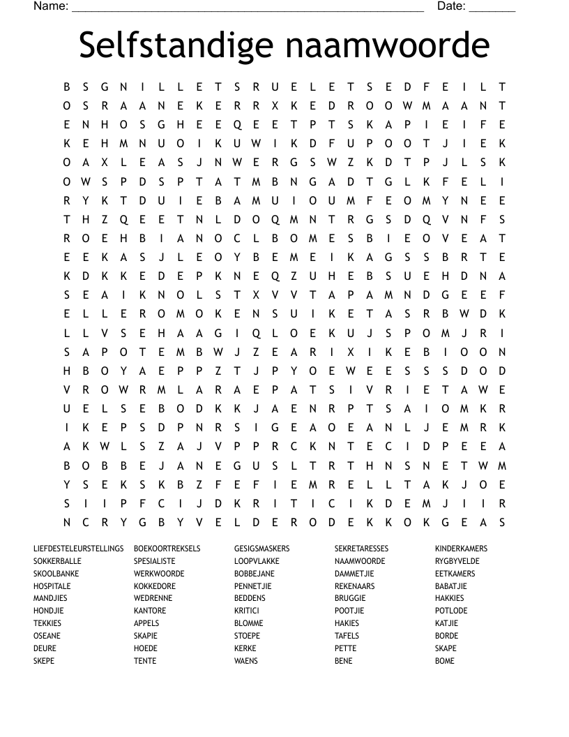 Selfstandige naamwoorde Word Search