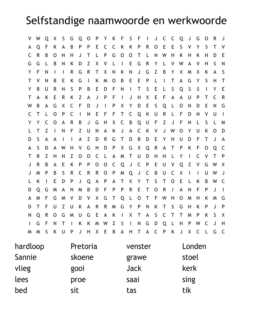 Selfstandige naamwoorde en werkwoorde Word Search