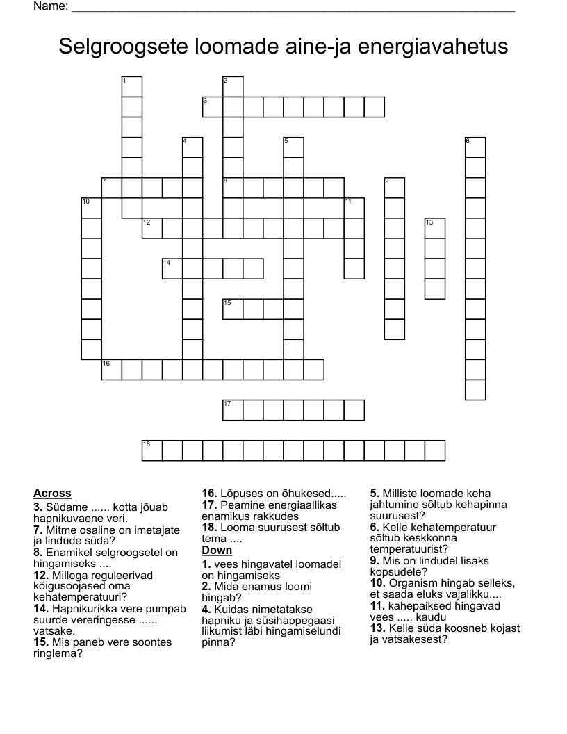 Selgroogsete loomade aine-ja energiavahetus Crossword
