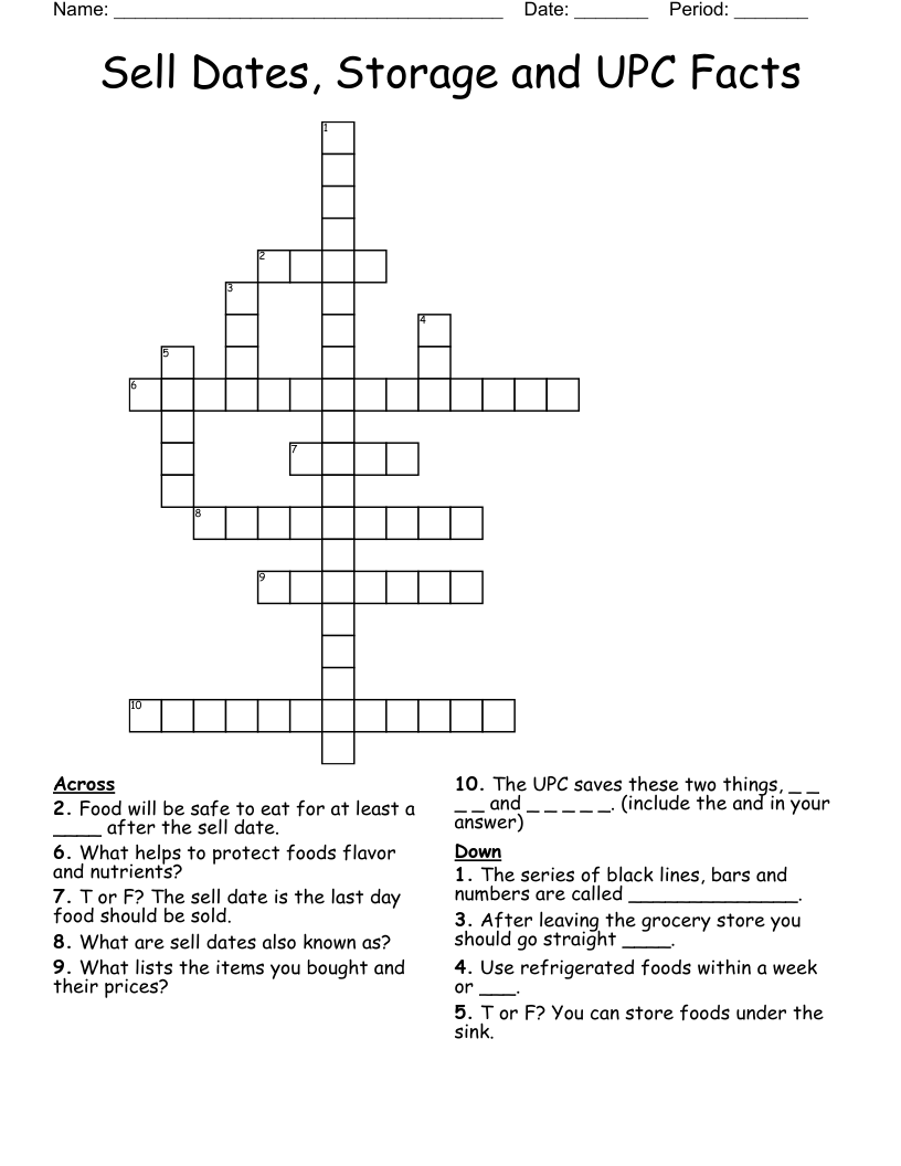 Sell Dates, Storage and UPC Facts  Crossword