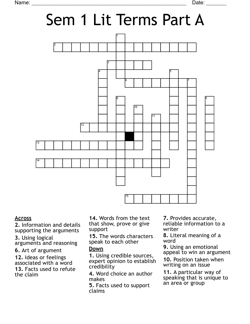 Sem 1 Lit Terms Part A Crossword