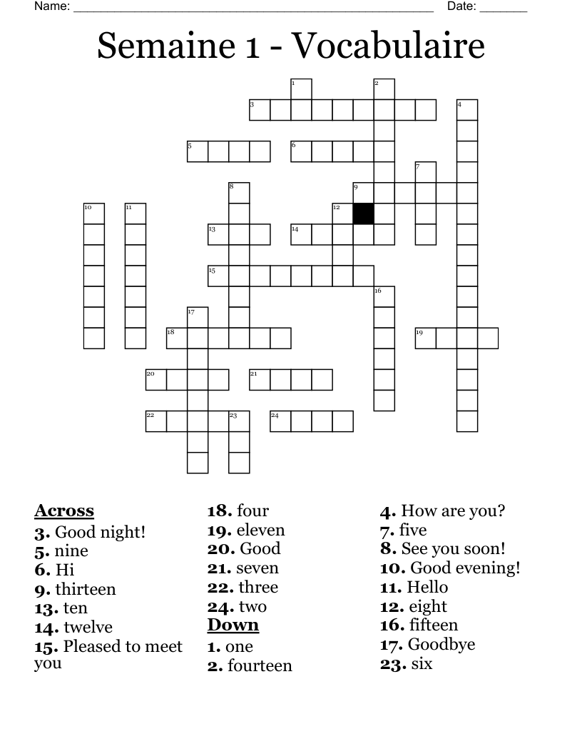 Semaine 1 - Vocabulaire Crossword