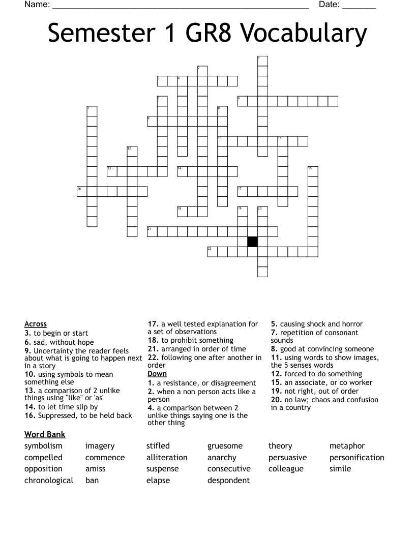 Semester 1 GR8 Vocabulary Crossword