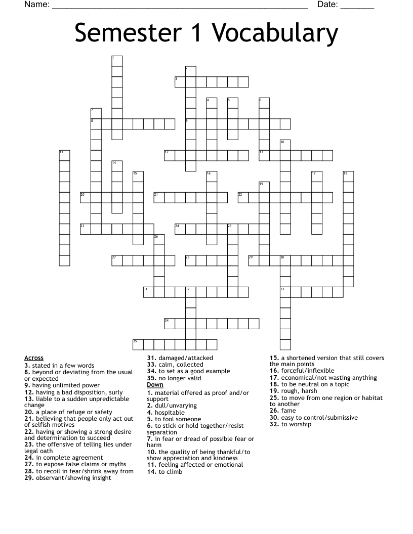 Semester 1 Vocabulary Crossword