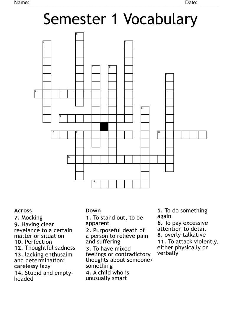 Semester 1 Vocabulary Crossword