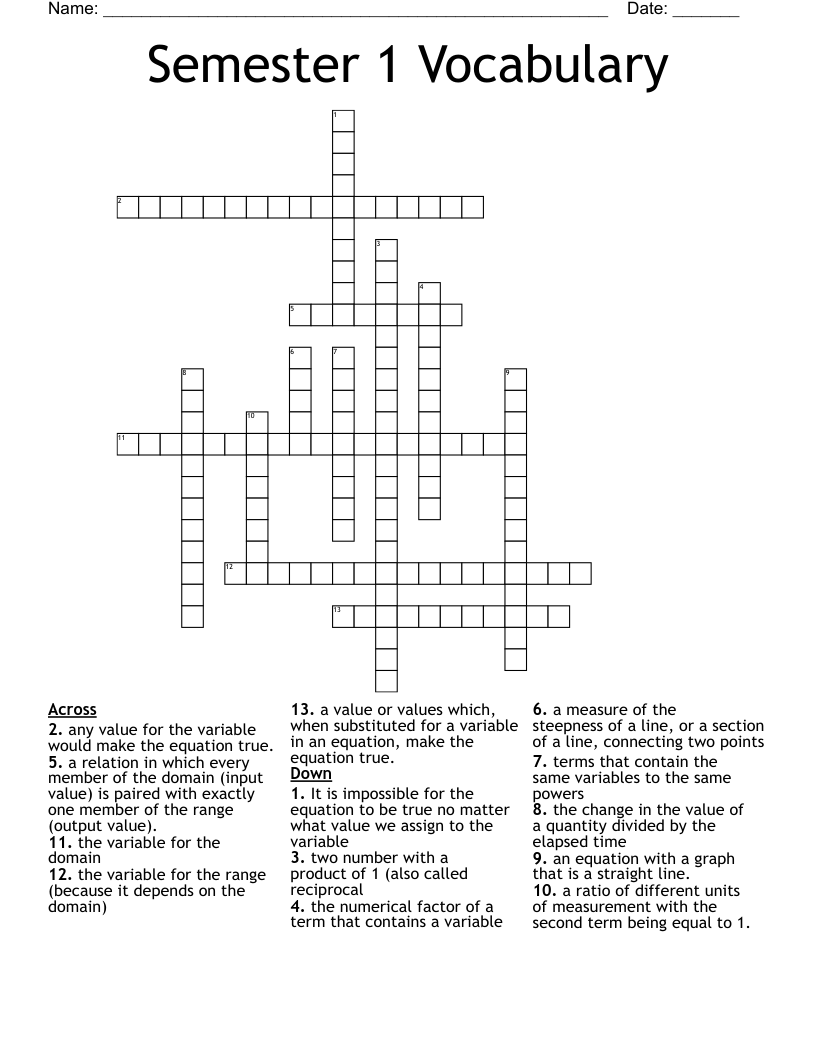 Semester 1 Vocabulary Crossword