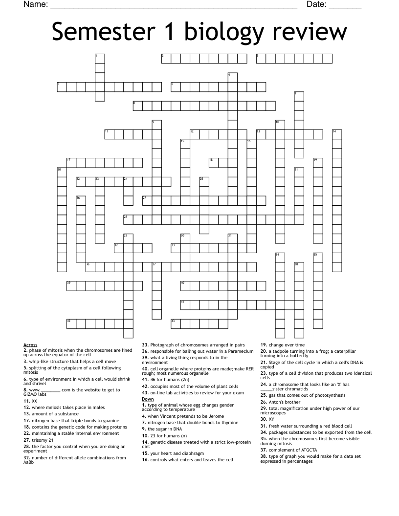 Semester 1 biology review Crossword
