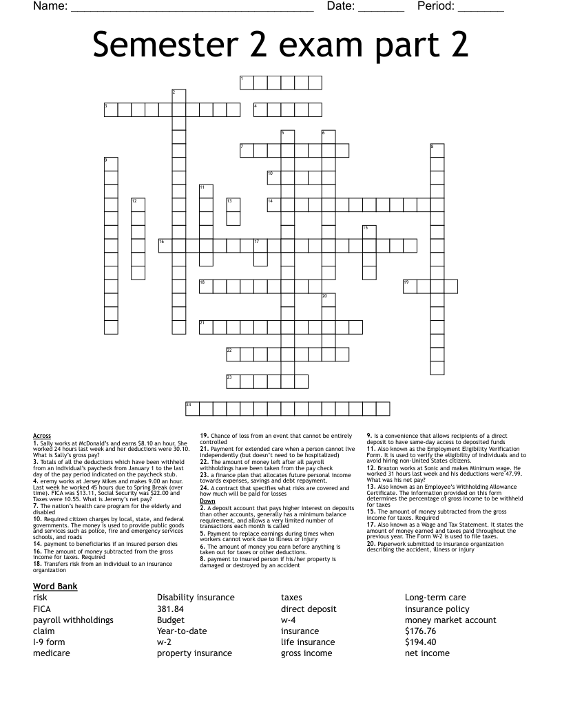 Semester 2 exam part 2  Crossword