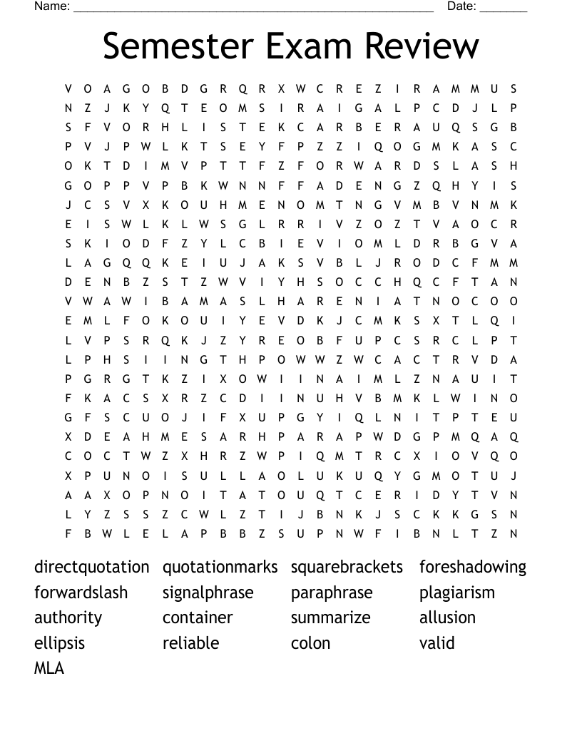 Semester Exam Review Word Search