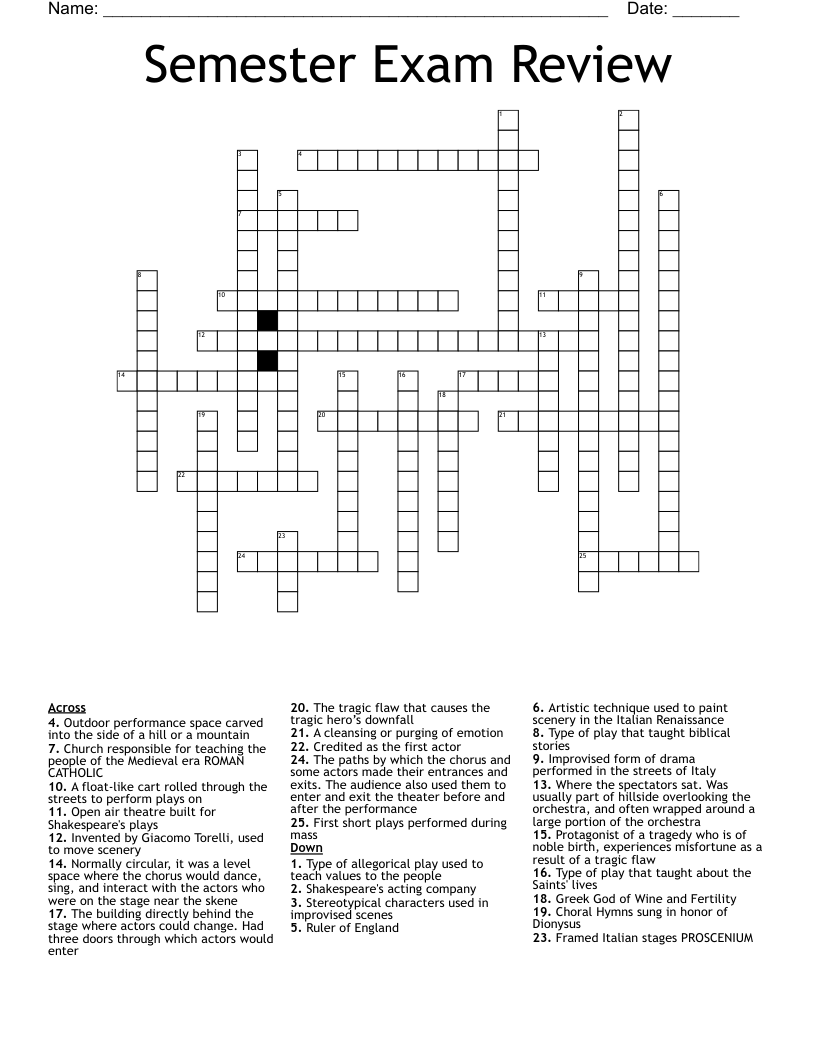 Semester Exam Review Crossword