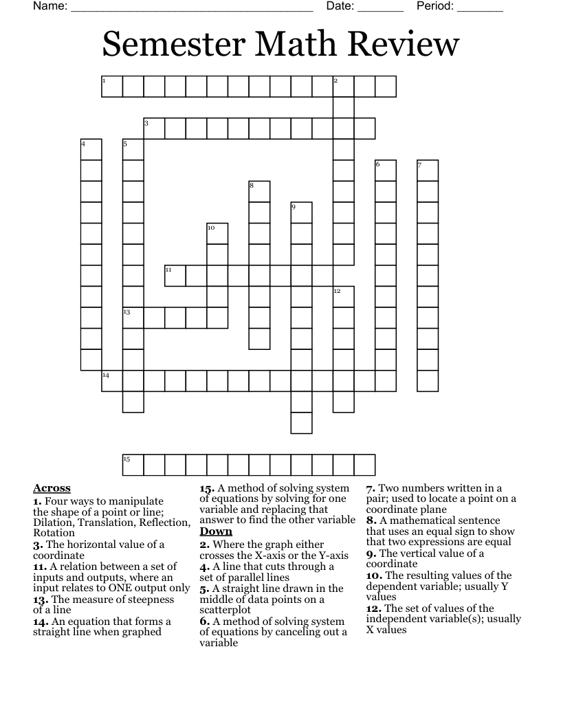 Semester Math Review Crossword