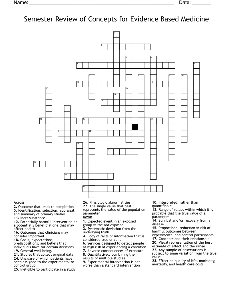 Semester Review of Concepts for Evidence Based Medicine Crossword