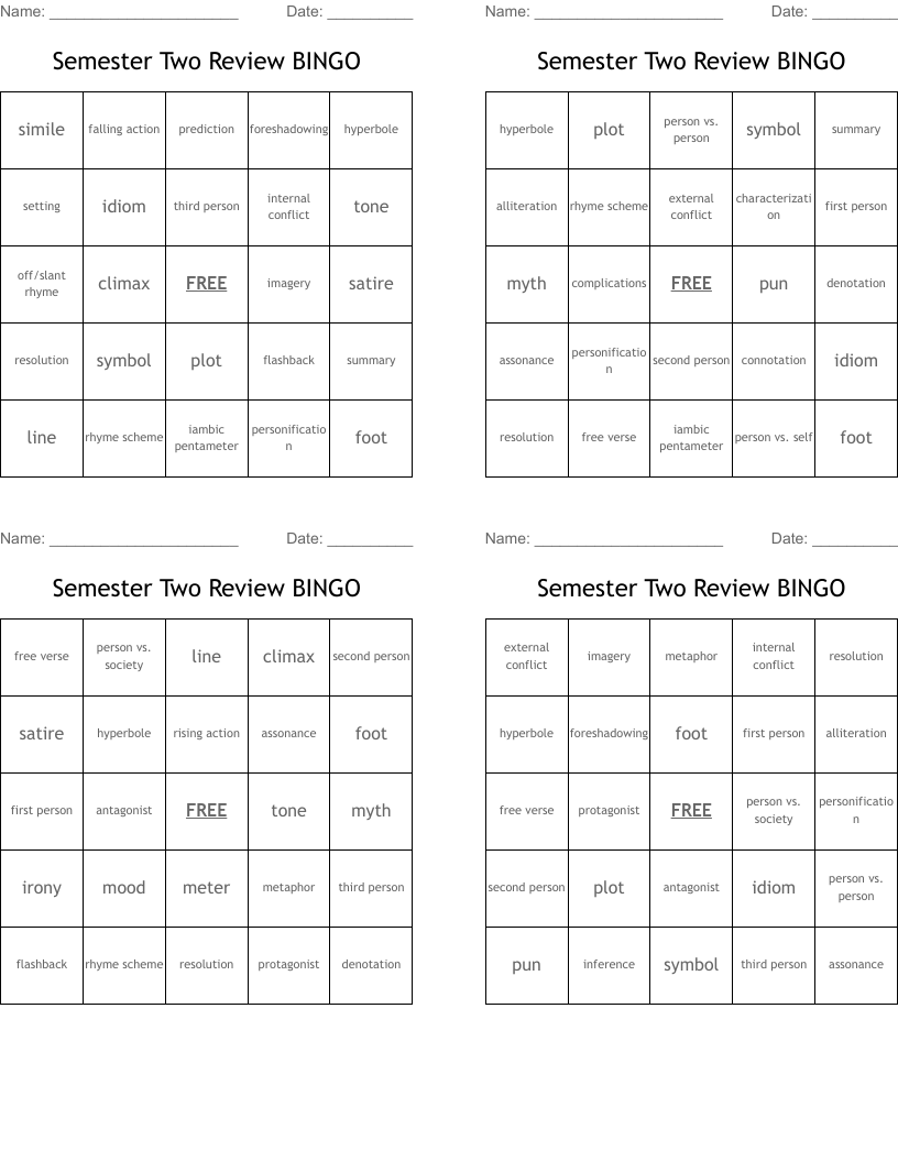 Semester Two Review BINGO