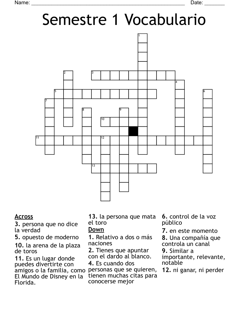 Semestre 1 Vocabulario Crossword