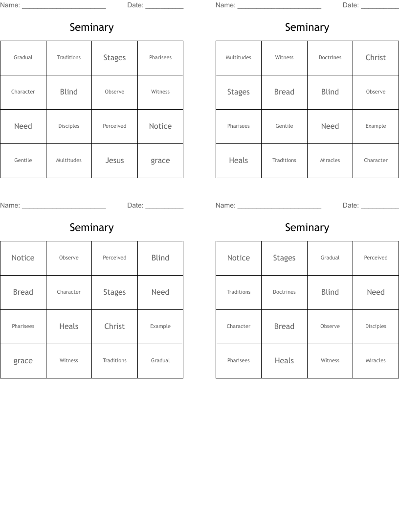 Seminary Bingo Cards
