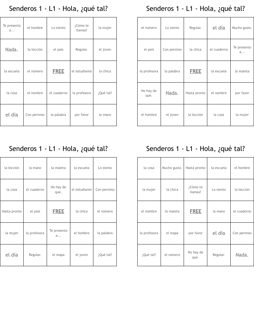 Senderos 1 - L1 - Hola, ¿qué tal? Bingo Cards