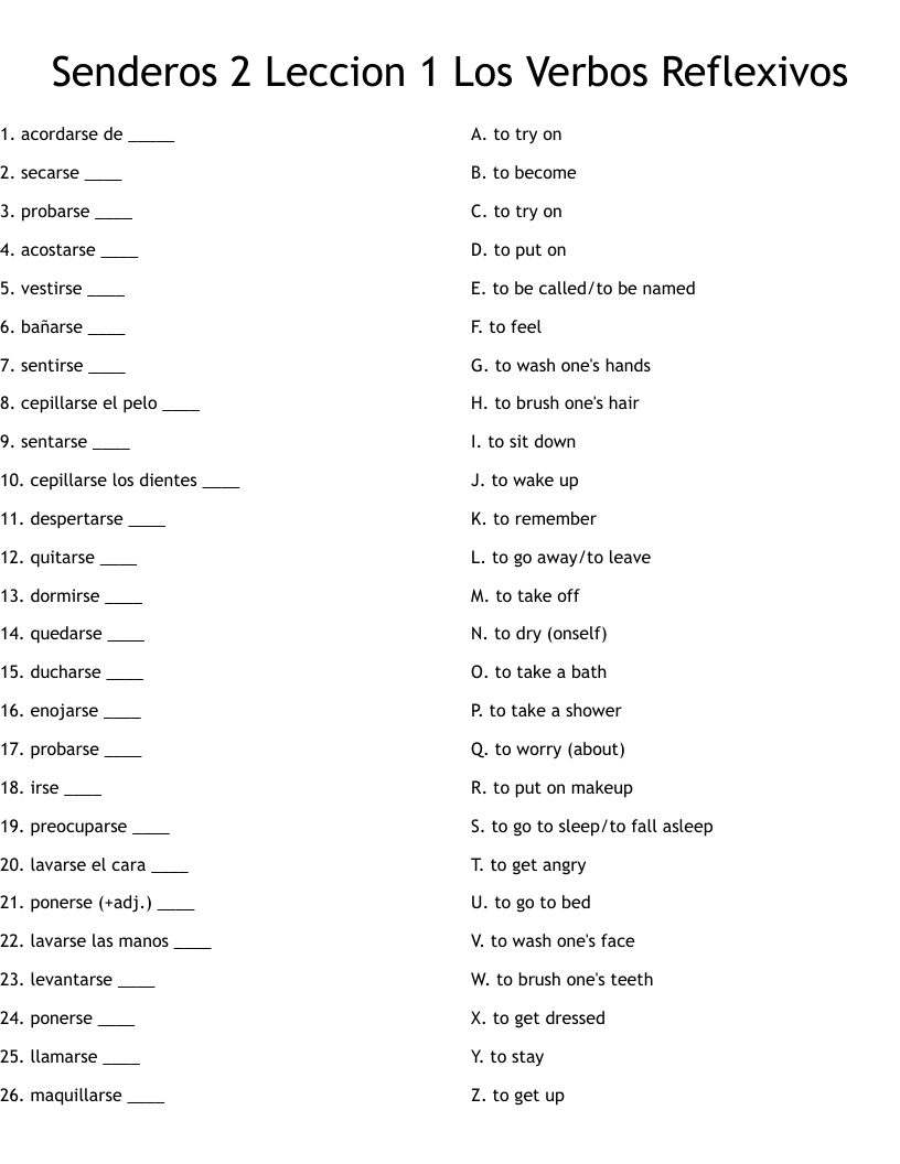 Senderos 2 Leccion 1 Los Verbos Reflexivos  Worksheet