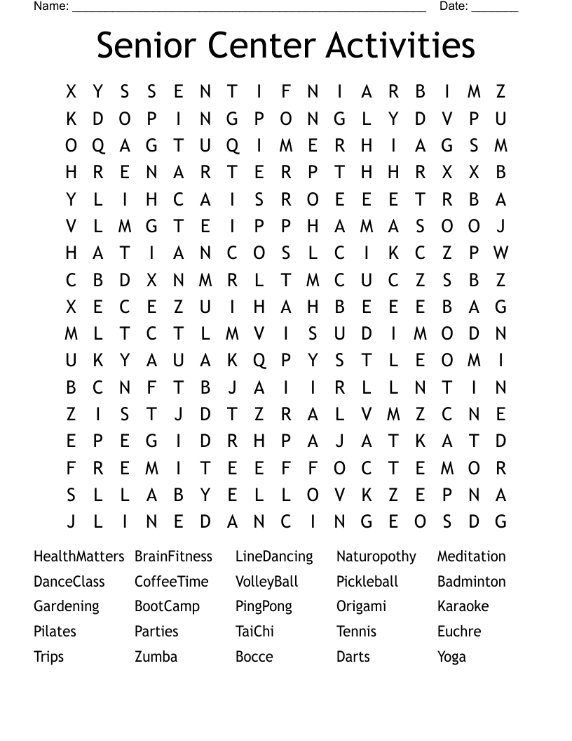 Senior Center Activities Word Search