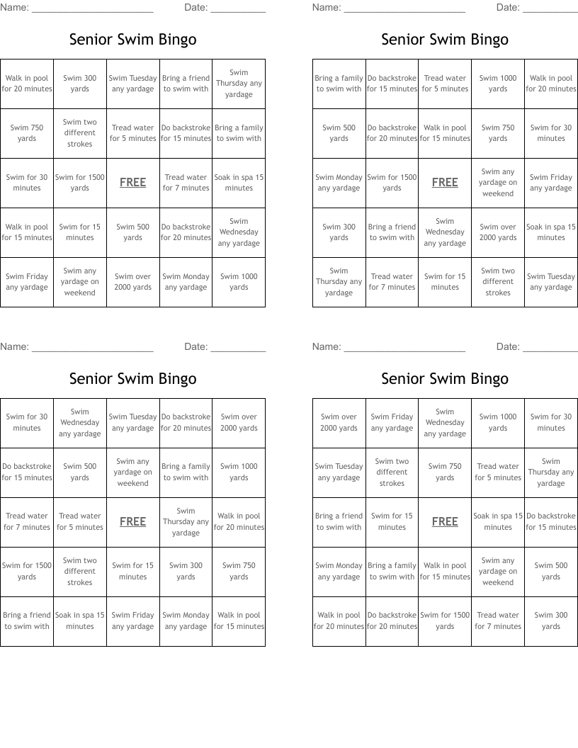 Senior Swim Bingo
