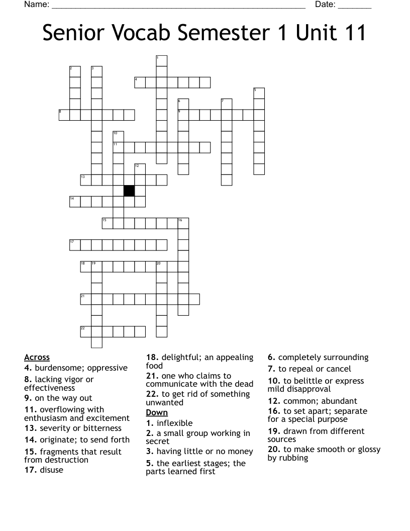 Senior Vocab Semester 1 Unit 11 Crossword