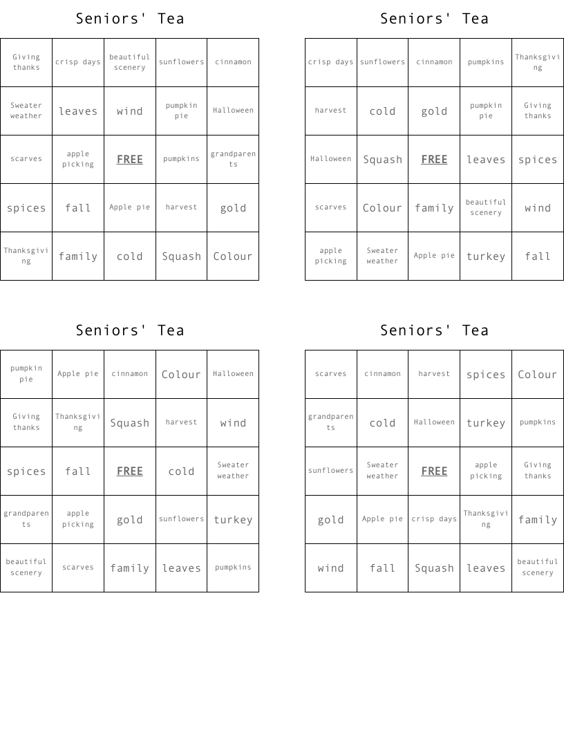 Seniors' Tea Bingo Cards