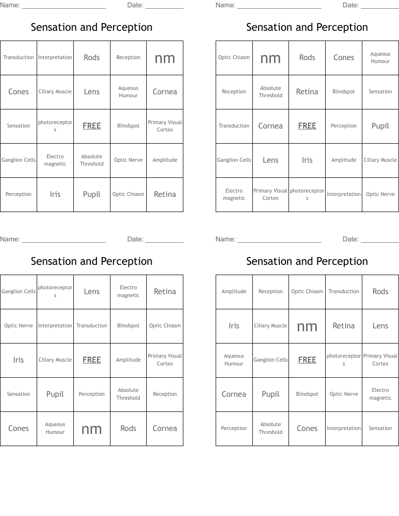 Sensation and Perception Bingo Cards