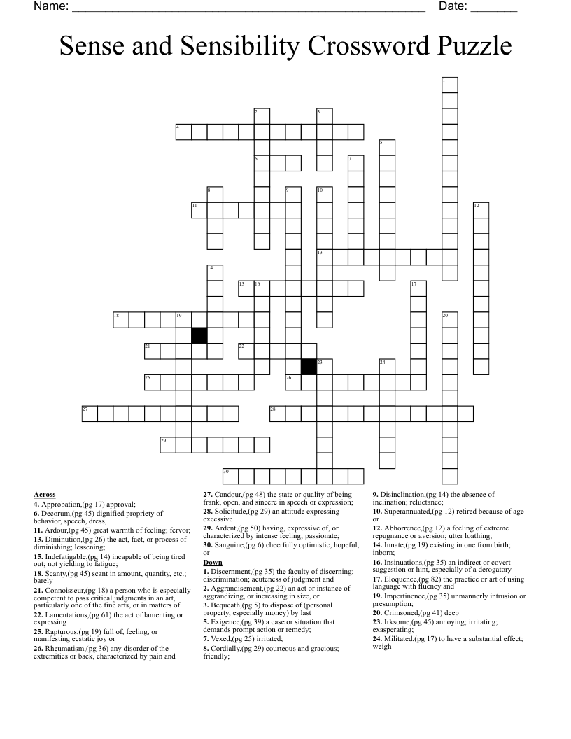 Sense and Sensibility Crossword Puzzle