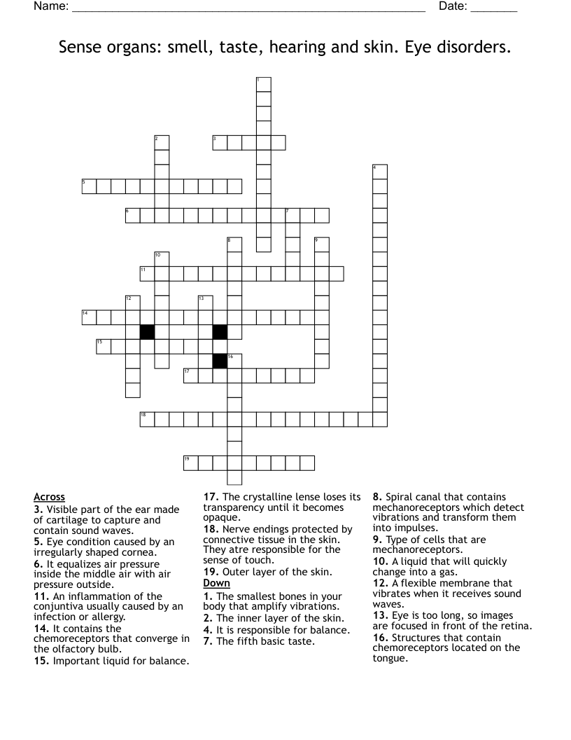 Sense organs: smell, taste, hearing and skin. Eye disorders. Crossword