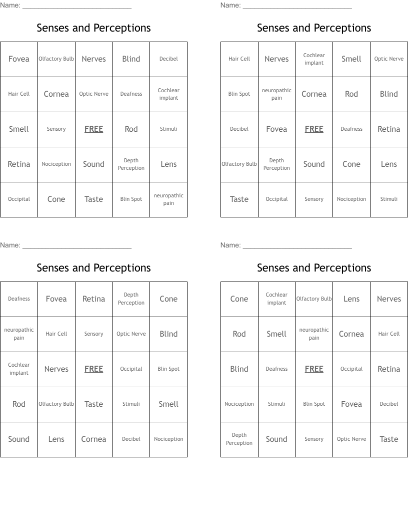 Senses and Perceptions Bingo Cards