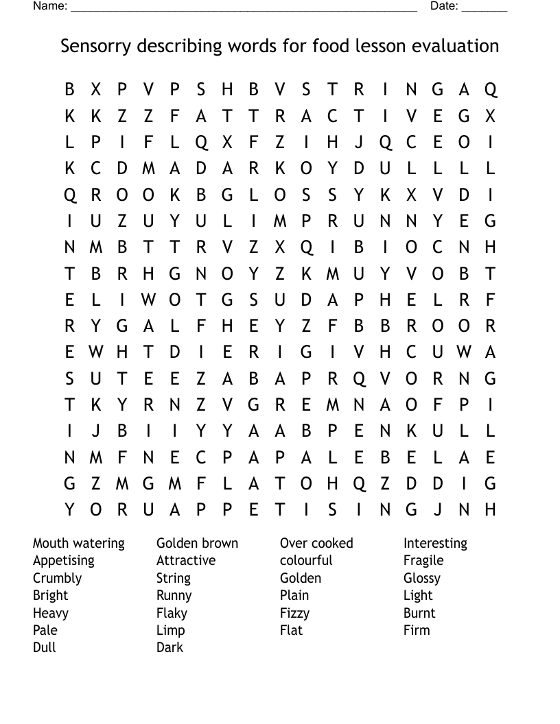 Sensorry describing words for food lesson evaluation  Word Search
