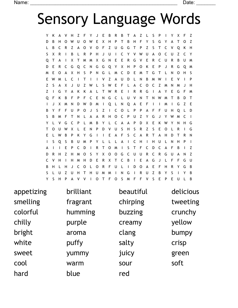 Sensory Language Words Word Search