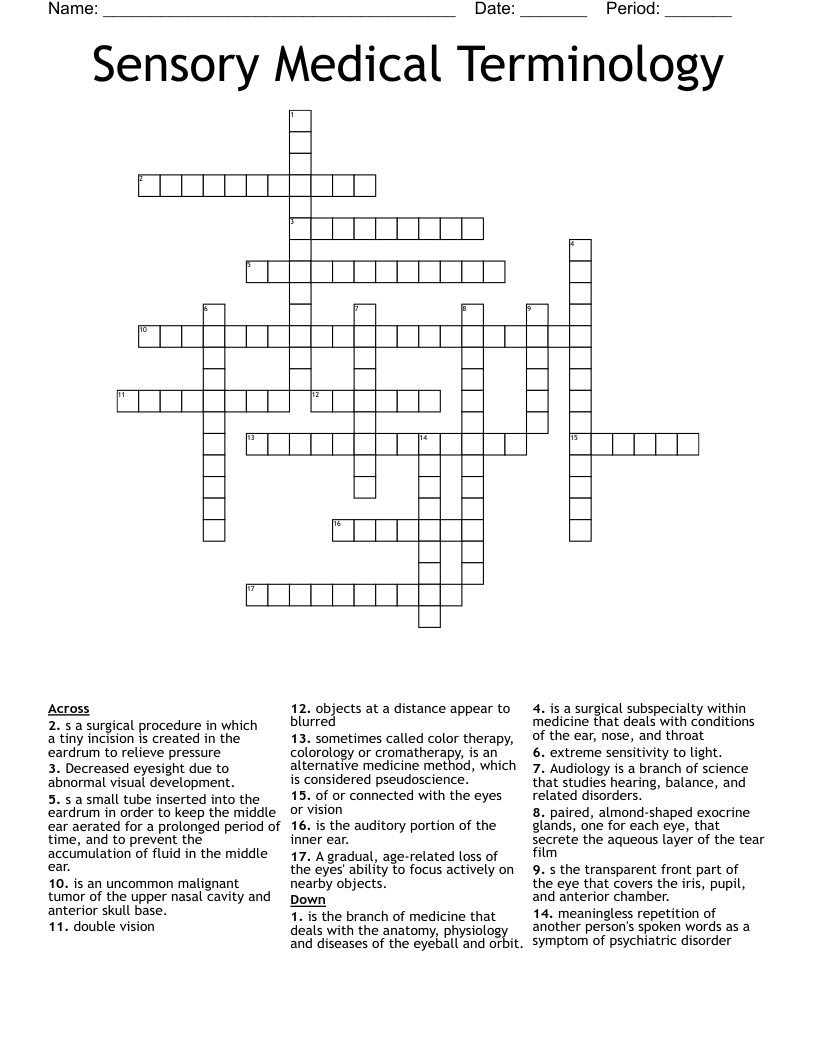 Sensory Medical Terminology  Crossword