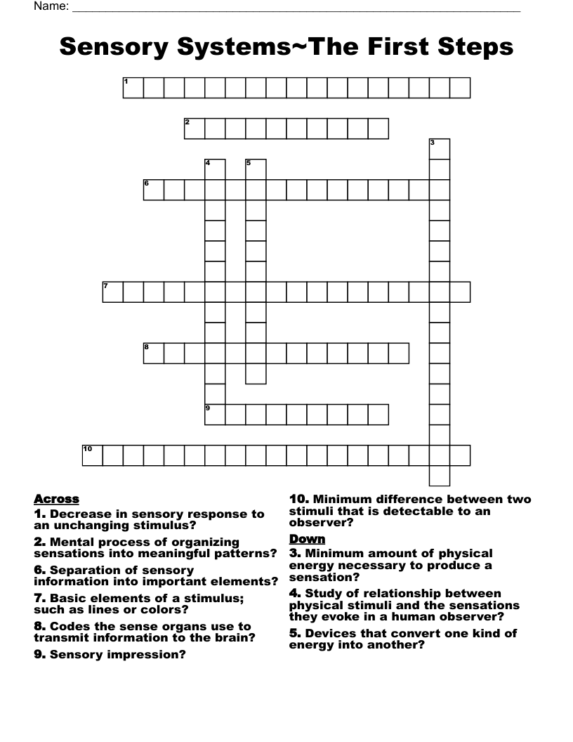 Sensory Systems~The First Steps Crossword