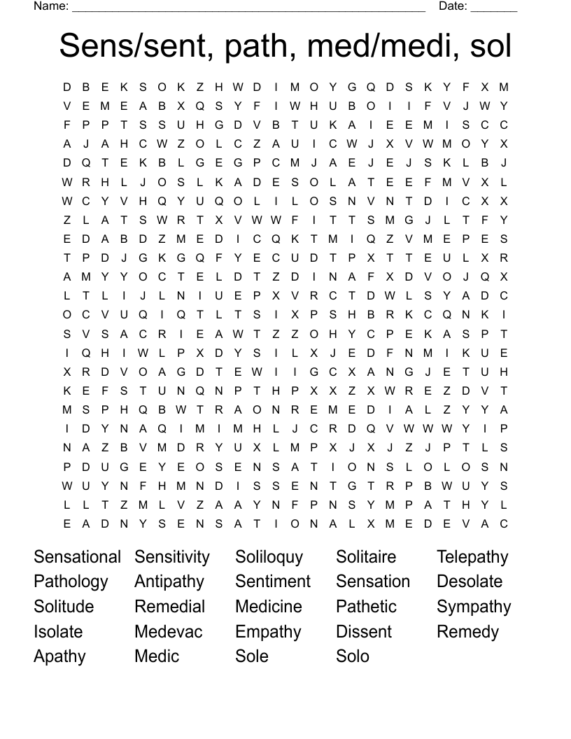 Sens/sent, path, med/medi, sol Word Search