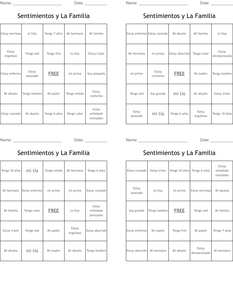Sentimientos y La Familia Bingo Cards
