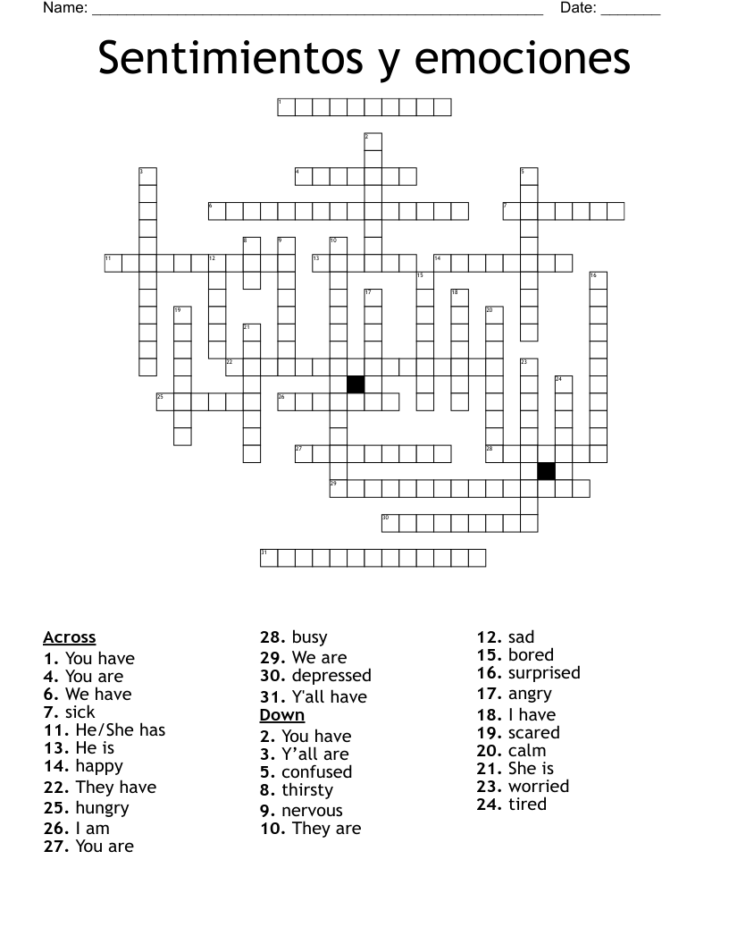 Sentimientos y emociones Crossword
