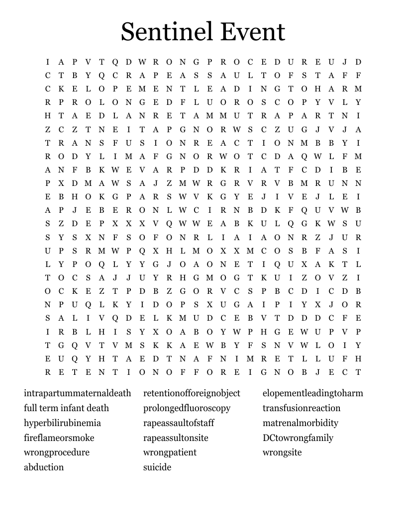 Sentinel Event Word Search