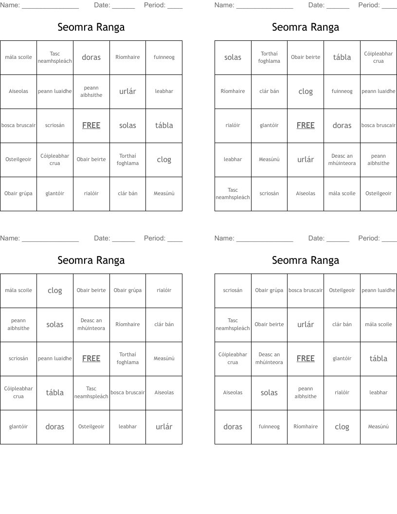 Seomra Ranga Bingo Cards