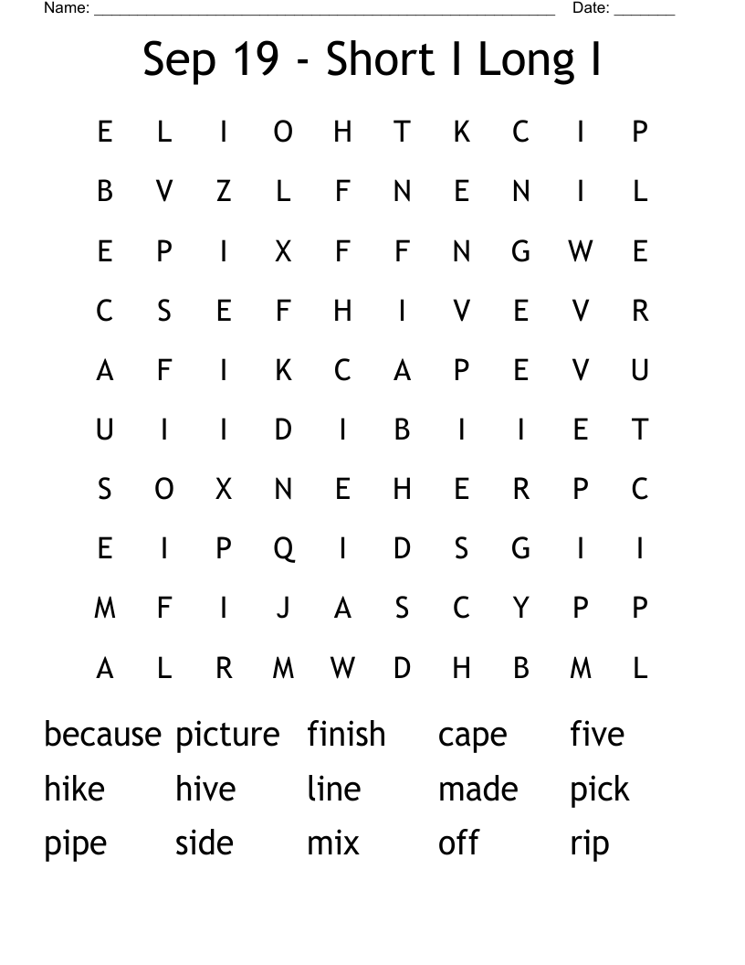 Sep 19 - Short I Long I Word Search