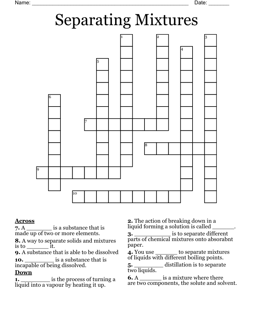 Separating Mixtures Crossword