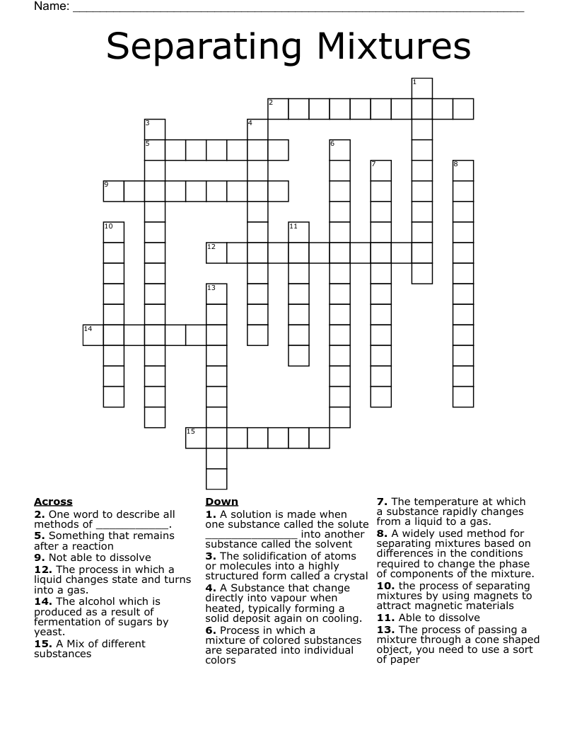 Separating Mixtures Crossword