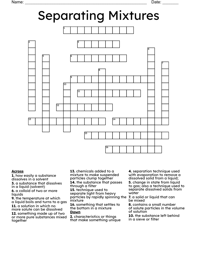 Separating Mixtures Crossword