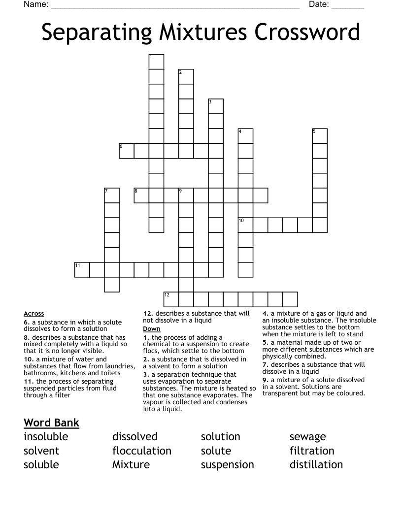 Separating Mixtures Crossword