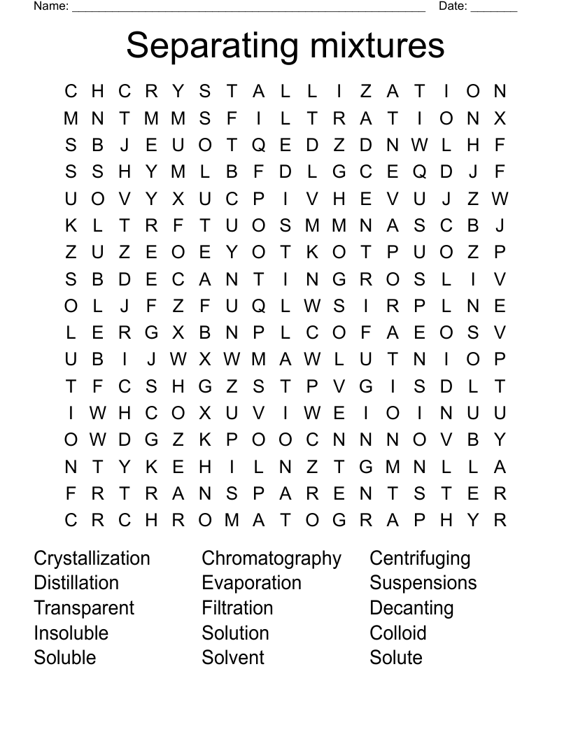 Separating mixtures Word Search