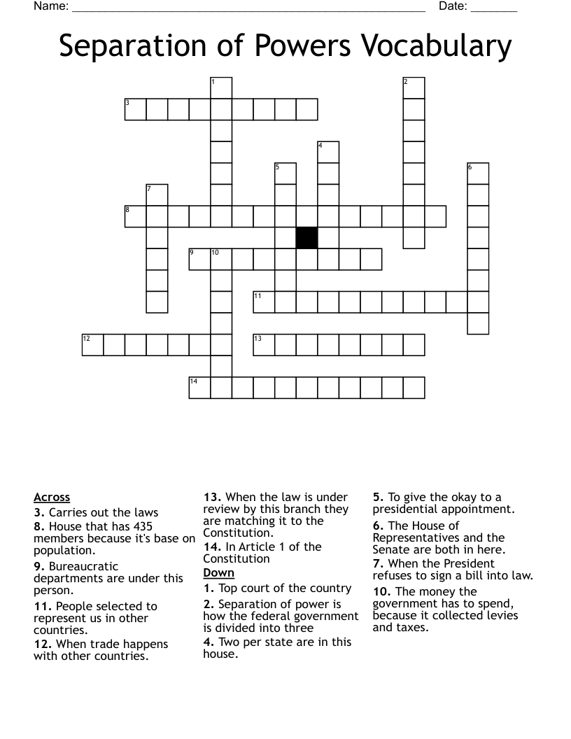 Separation of Powers Vocabulary Crossword
