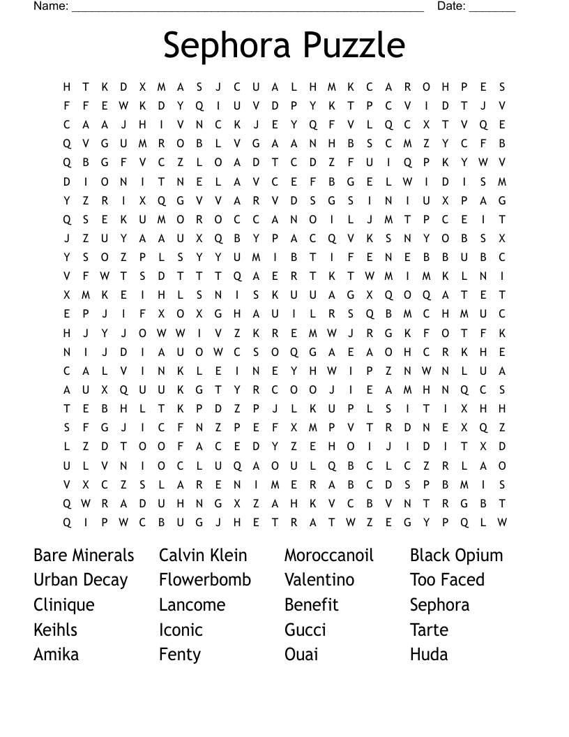 Sephora Puzzle Word Search