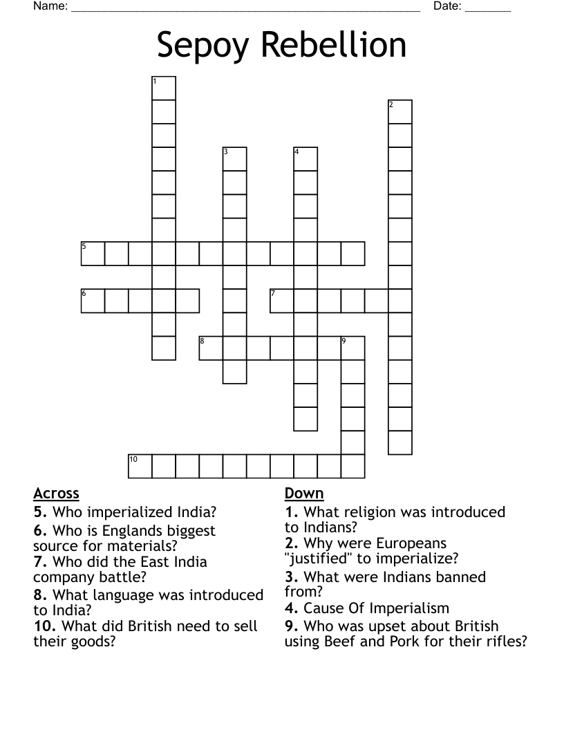 Sepoy Rebellion Crossword
