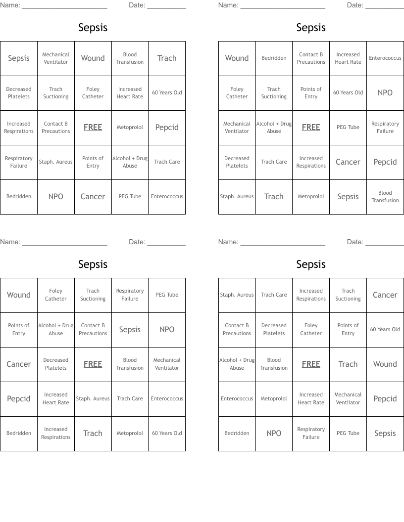 Sepsis Bingo Cards