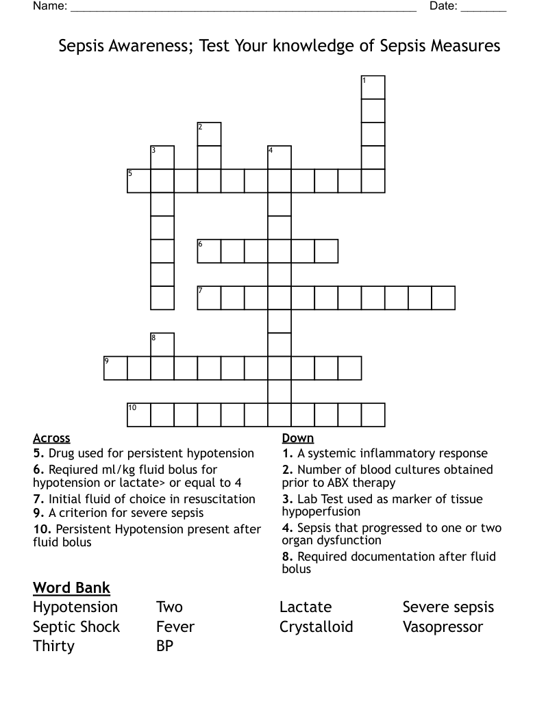 Sepsis Awareness; Test Your knowledge of Sepsis Measures Crossword