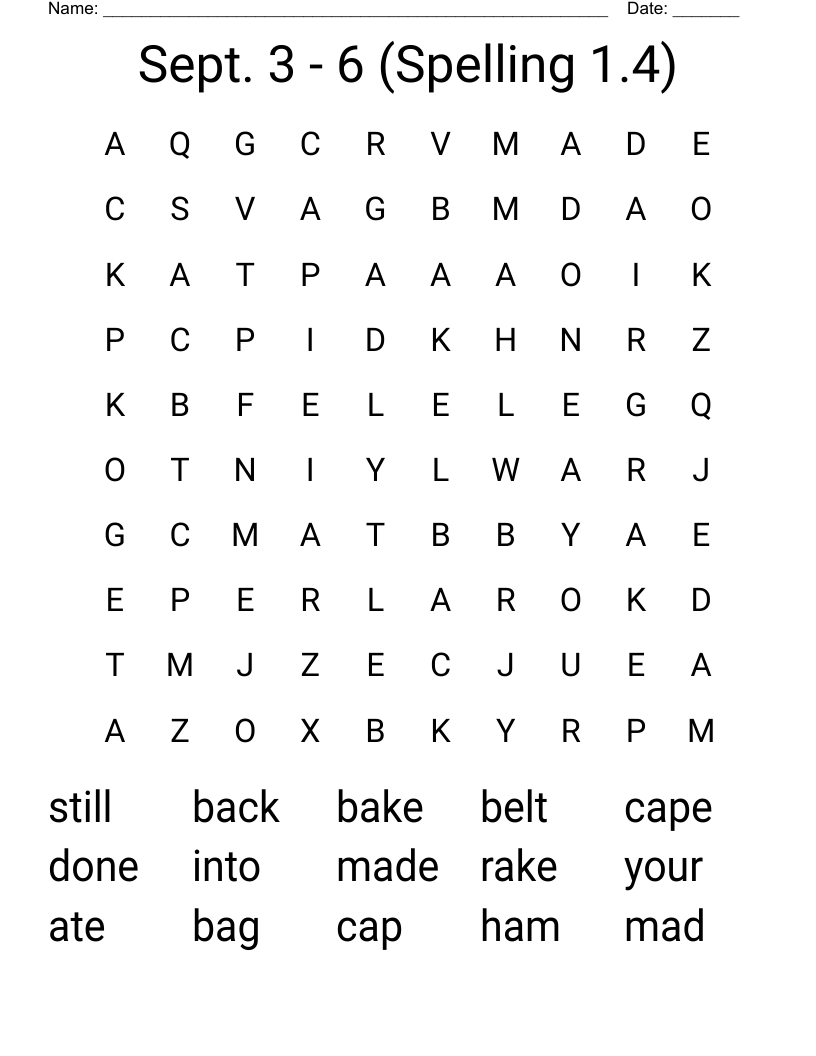 Sept. 3 - 6     (Spelling 1.4) Word Search